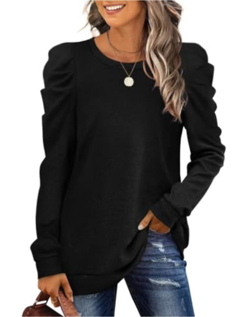 Puff Sleeve Crewneck Sweatshirt Womens Crew Neck Pullover Tunic Top